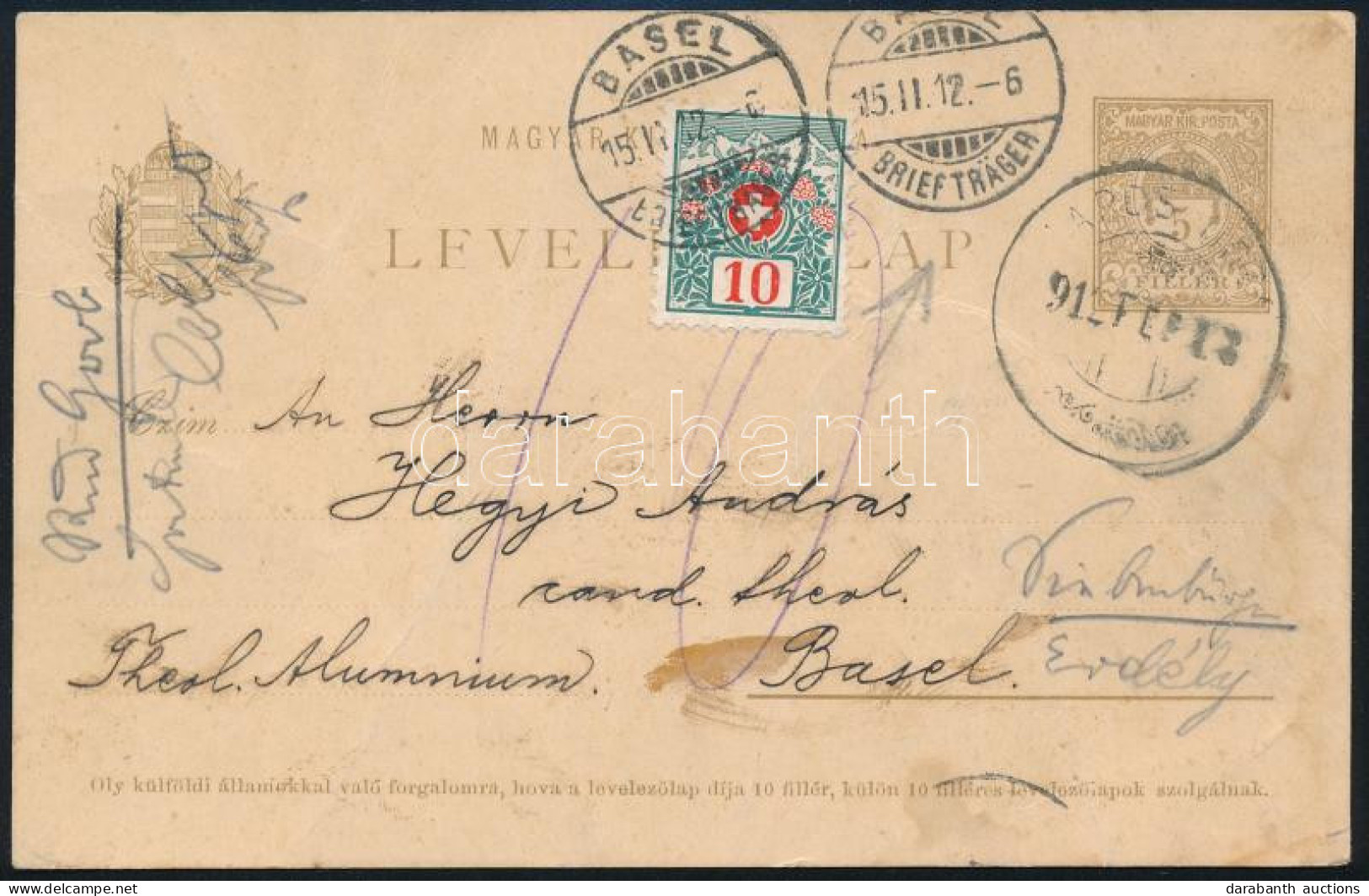 1912 5f Díjjegyes Levelezőlap Svájcba Küldve, Ott Megportózva / PS-card To Switzerland With Postage Due - Autres & Non Classés