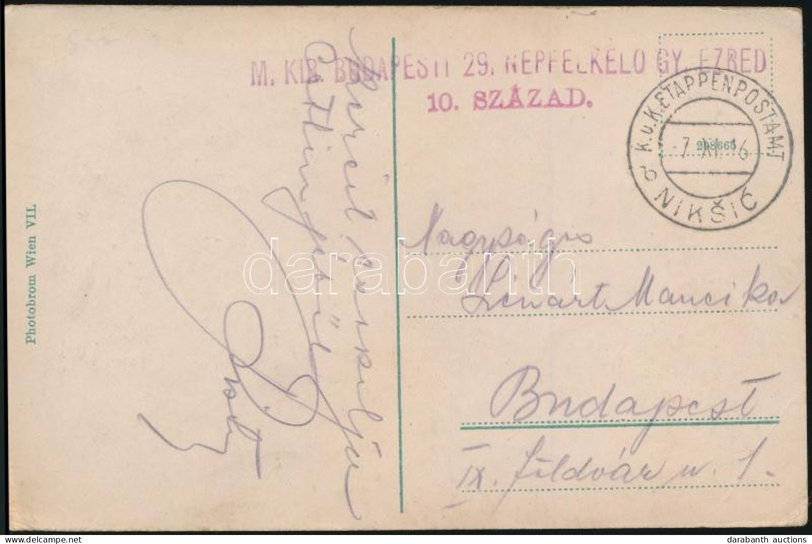 1916 Tábori Posta Képeslap / Field Postcard "M.KIR. BUDAPESTI 29. NÉPFELKELŐ GY.EZRED 10. SZÁZAD" + "EP NIKSIC B" - Altri & Non Classificati