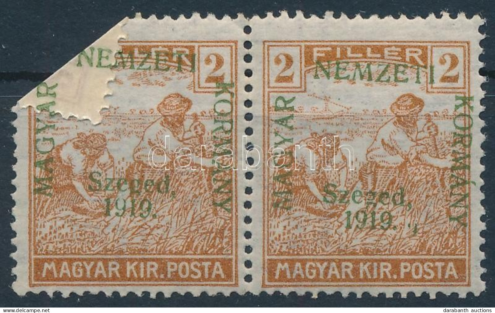 ** 1919 Arató 2f Pr, ívbehajlás Miatt A Gumira Került A Felülnyomás Egy Részt / Mi 6 Pair, Part Of The Overprint On The  - Autres & Non Classés