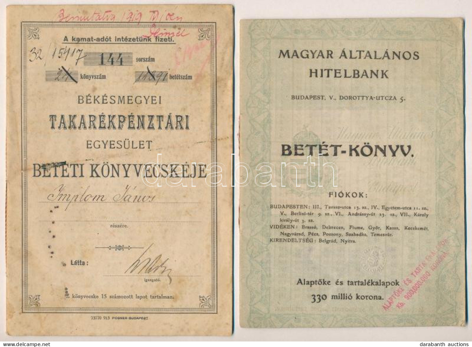 1916. "Békésmegyei Takarékpénztári Egyesület" Betéti Könyvecskéje Részben Kitöltve + 1921. "Magyar Általános Hitelbank"  - Non Classificati