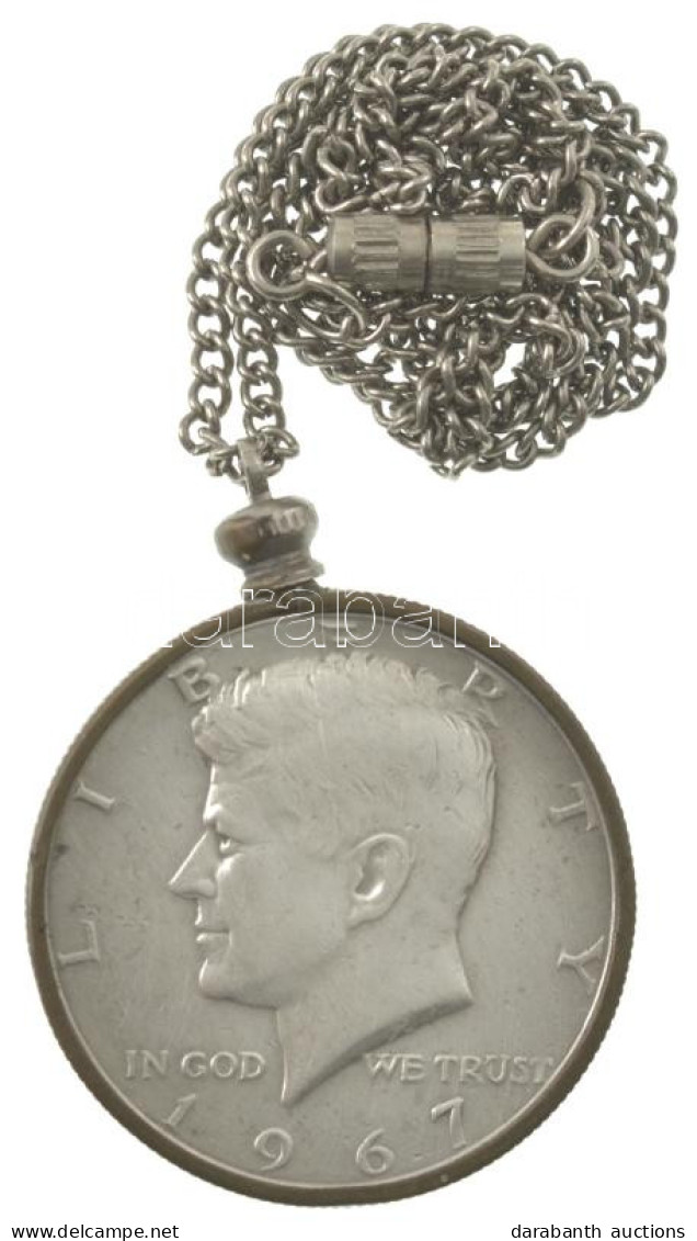 Amerikai Egyesült Államok 1967. 1/2$ Ag "Kennedy" Foglalatban, Láncon, Bőr Tartóban, Medálként Viselhető T:XF USA 1967.  - Non Classificati