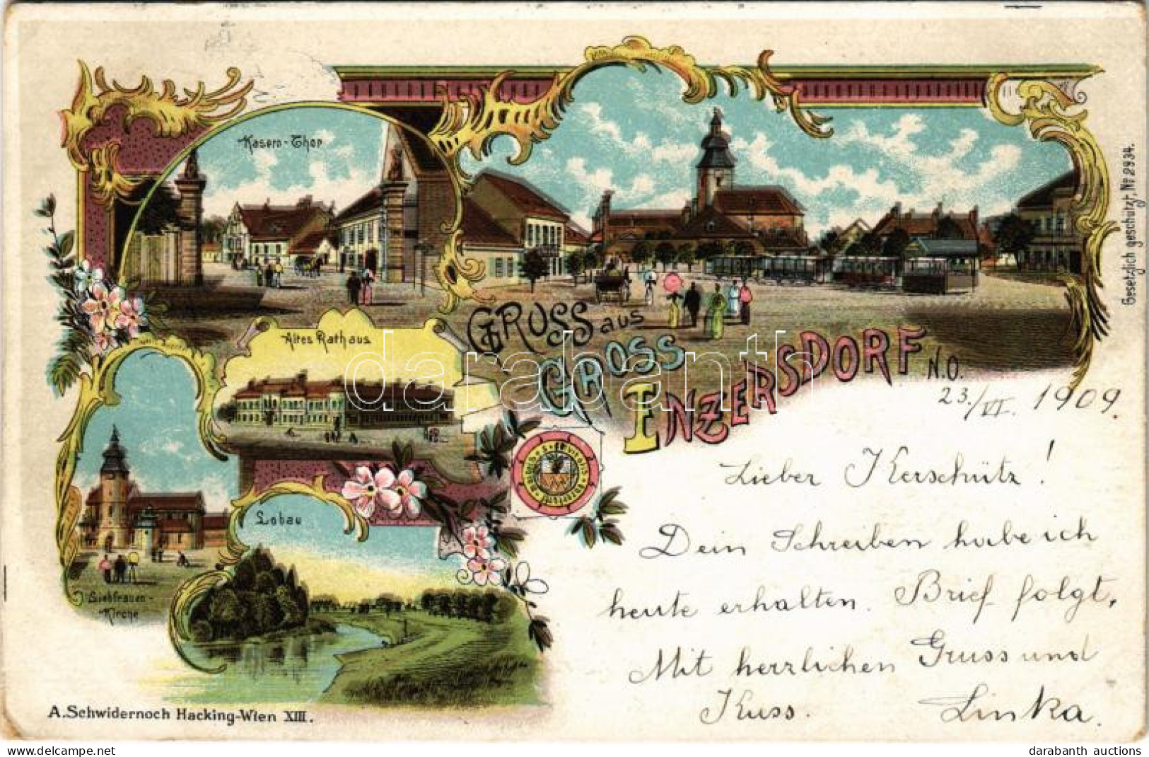 T2/T3 1909 Gross-Enzersdorf, Groß-Enzersdorf; Kasern-Tor, Altes Rathaus, Siebfrauen-Kirche, Lobau. A. Schwidernoch Art N - Non Classificati