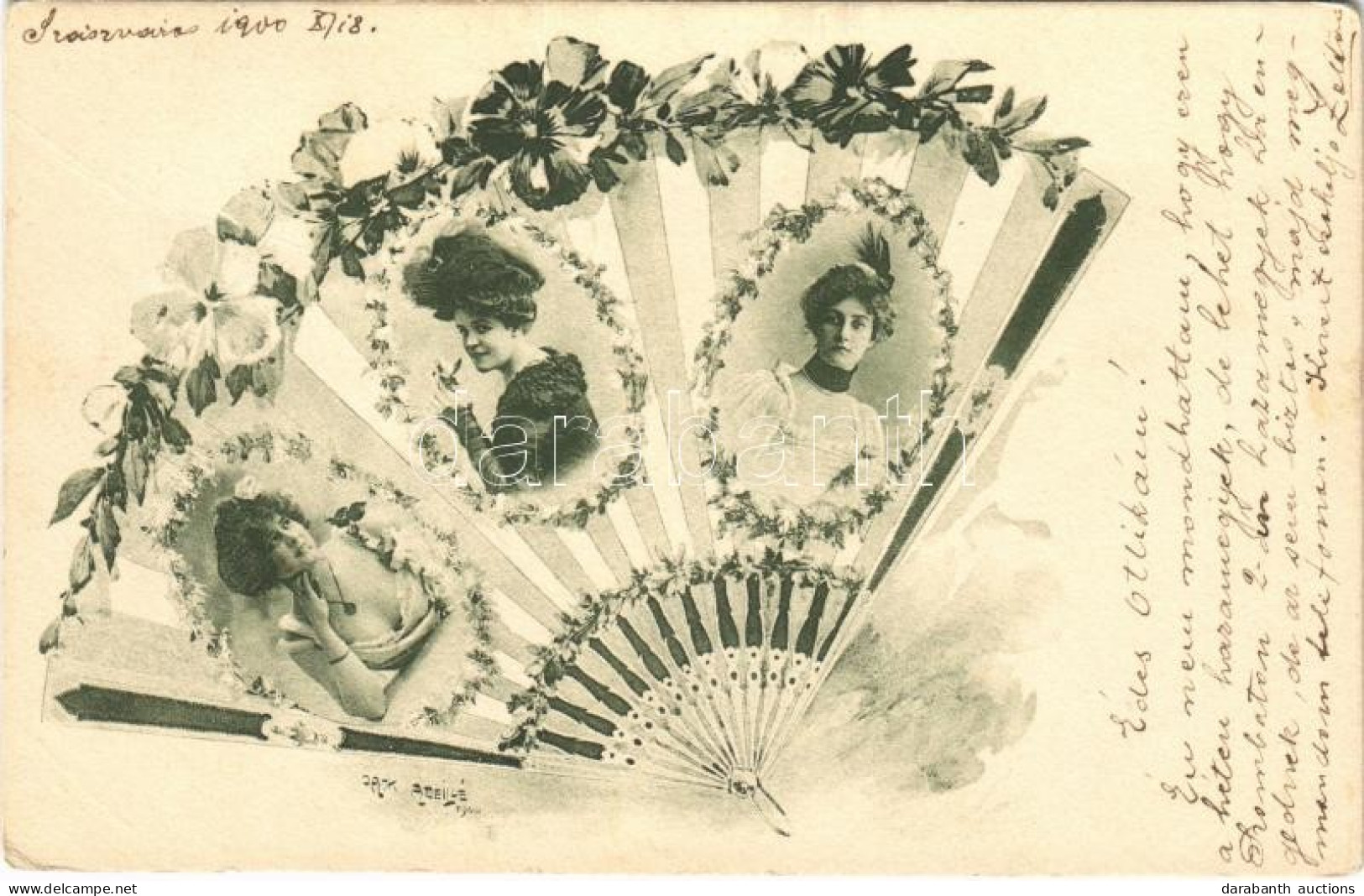 T2/T3 1900 Art Nouveau Hand Fan Lady Art Postcard, Floral (EK) - Unclassified