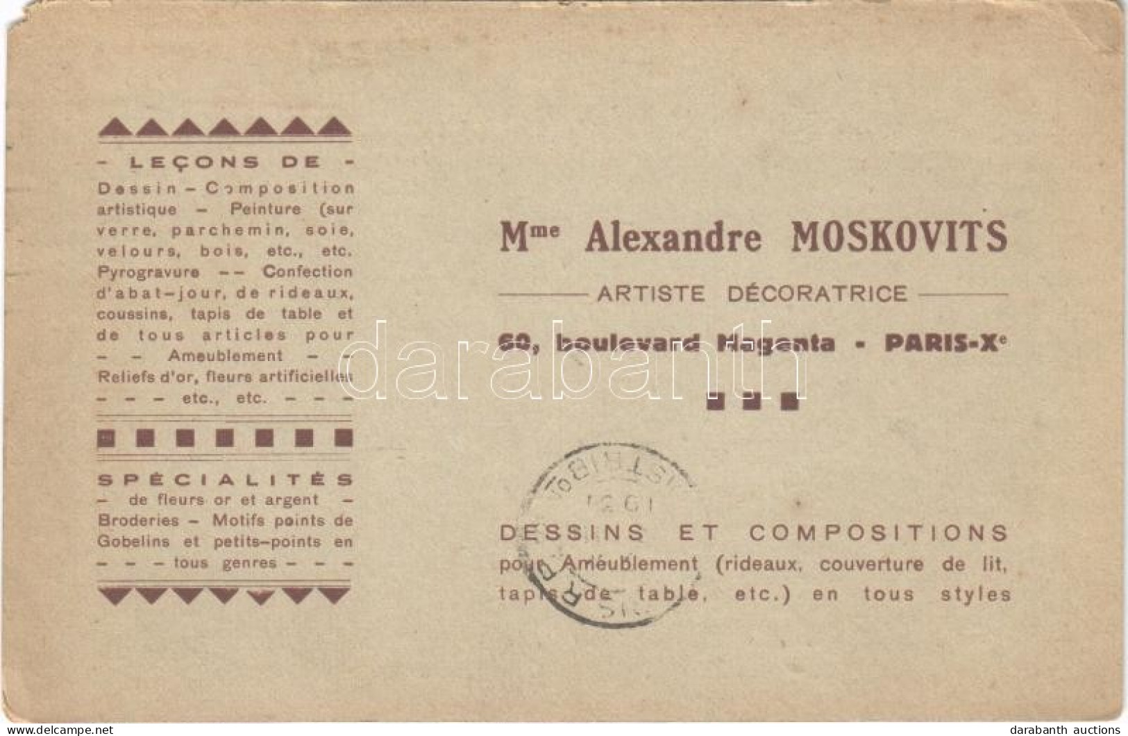 T4 1931 Mme Alexandre Moskovits Artiste Décoratrice. 60, Boulevard Magenta - Paris / Advertising Card For Hungarian-Fren - Non Classés
