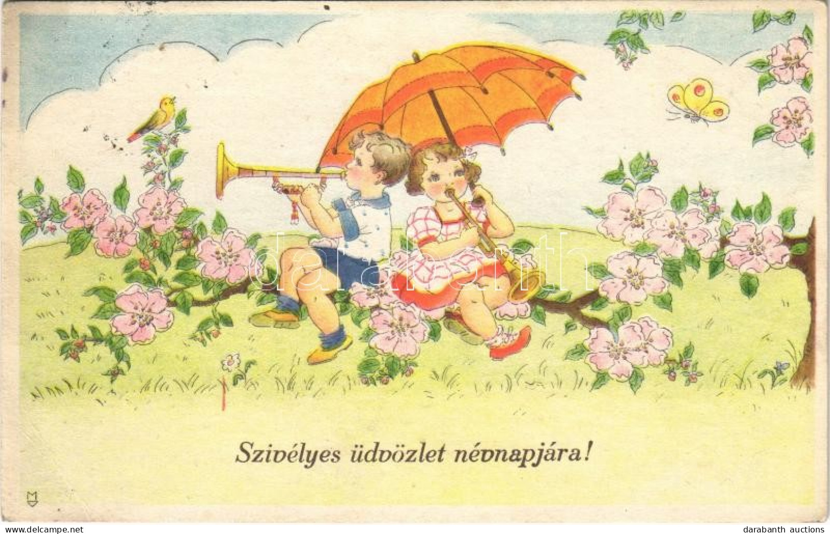 * T3 Szívélyes üdvözlet Névnapjára! / Name Day Greeting Art Postcard, Children With Trumpets (EB) - Sin Clasificación