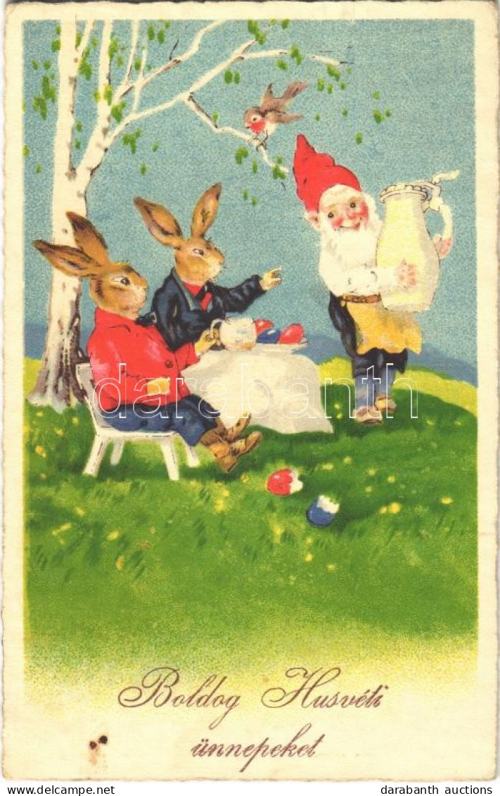 T2/T3 1934 Boldog Húsvéti ünnepeket! / Easter Greeting Art Postcard, Rabbits With Dwarf (EK) - Non Classés