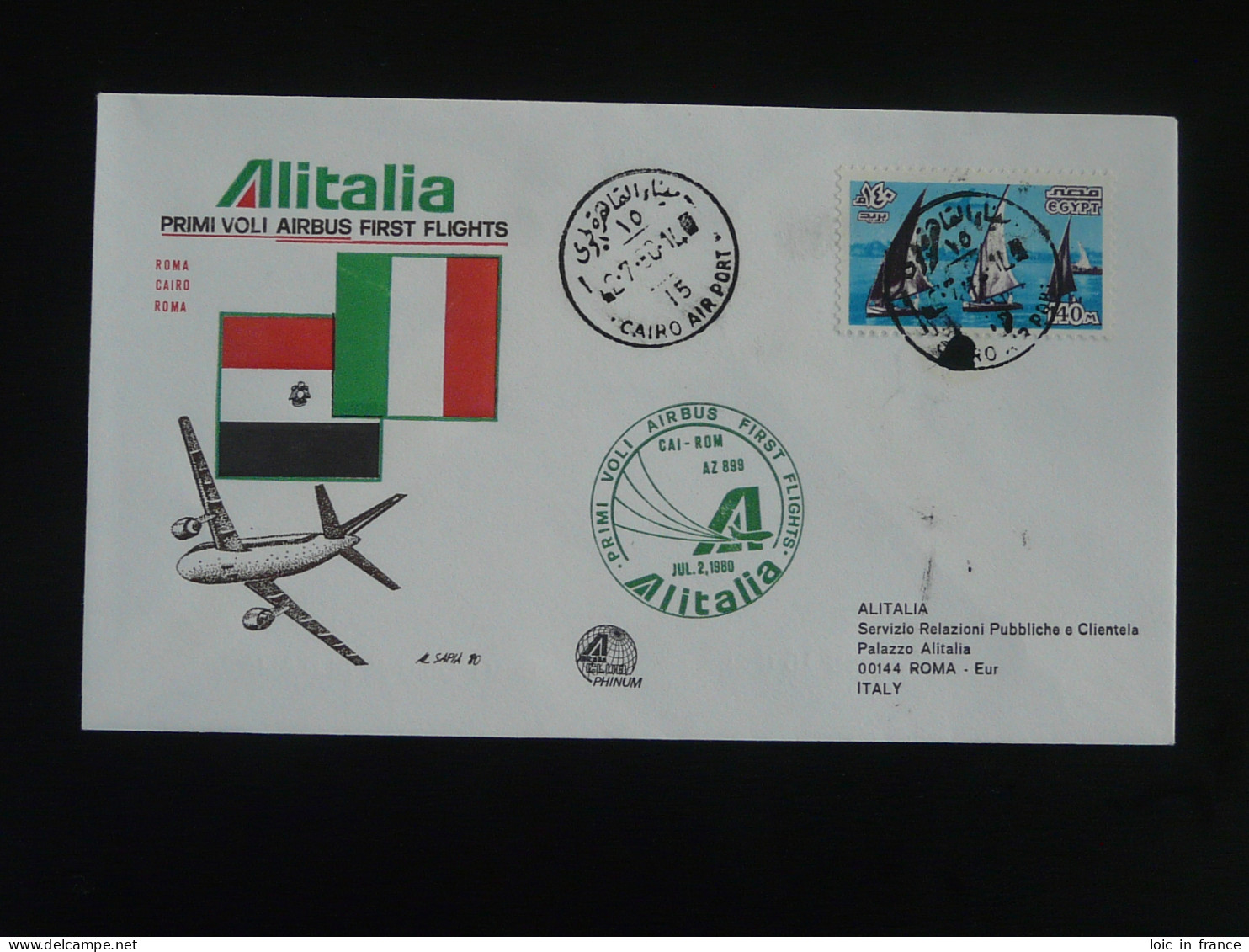 Letre Premier Vol First Flight Cover Cairo Roma Airbus Alitalia 1980 - Covers & Documents