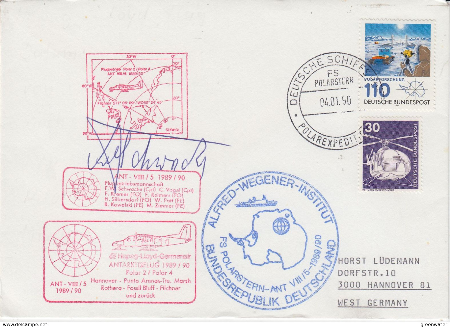 Germany Polarstern Polar Fight Polar 2 / Polar 4 Signature Ca Polarstern 04.01.1990 (SZ164) - Poolvluchten