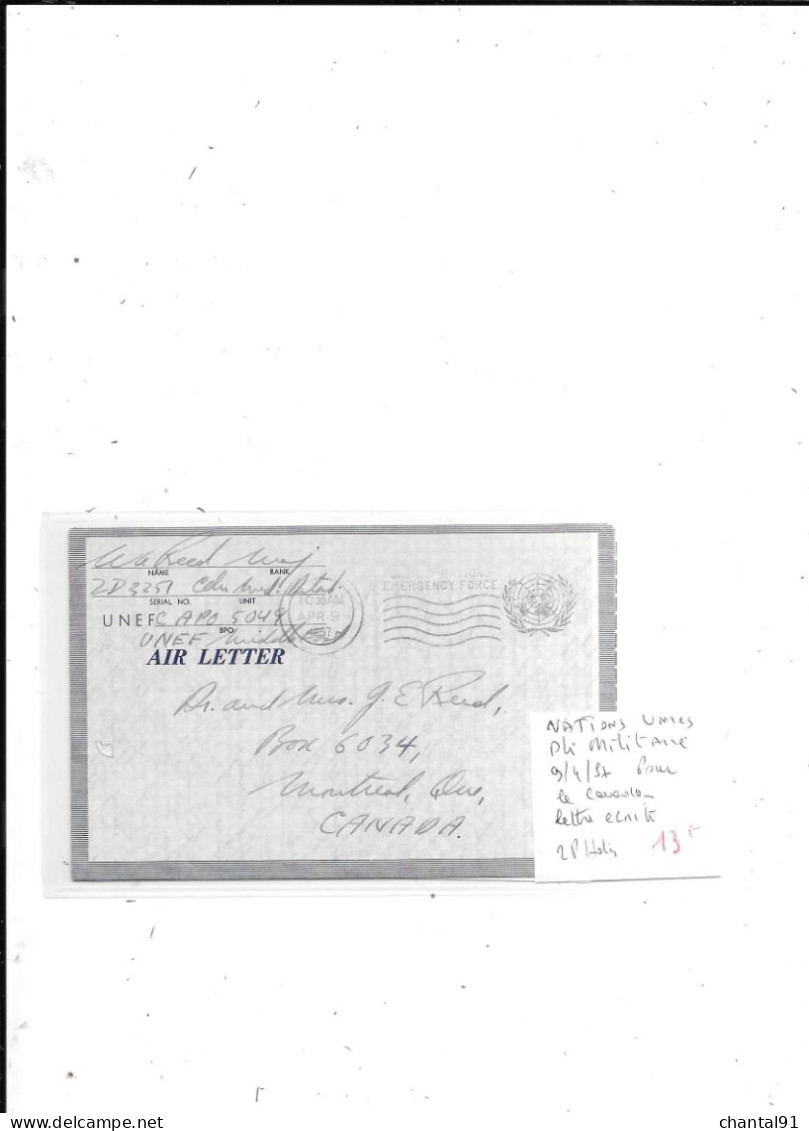 NATIONS UNIES PLI MILITAIRE 9/4/57 POUR LE CANADA LETTRE ECRITE - Covers & Documents