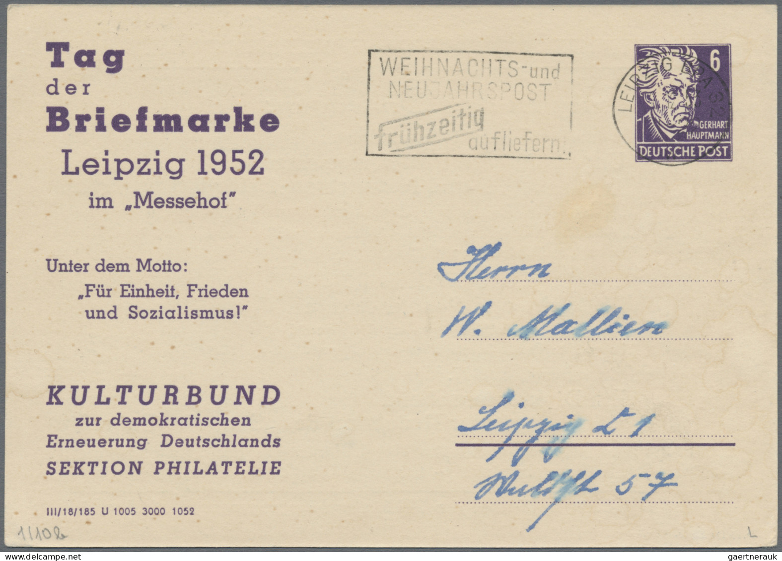 DDR - Privatganzsachen: 1951/1952, Privatganzsachenkarte 6 Pfg. Hauptmann (PP1),