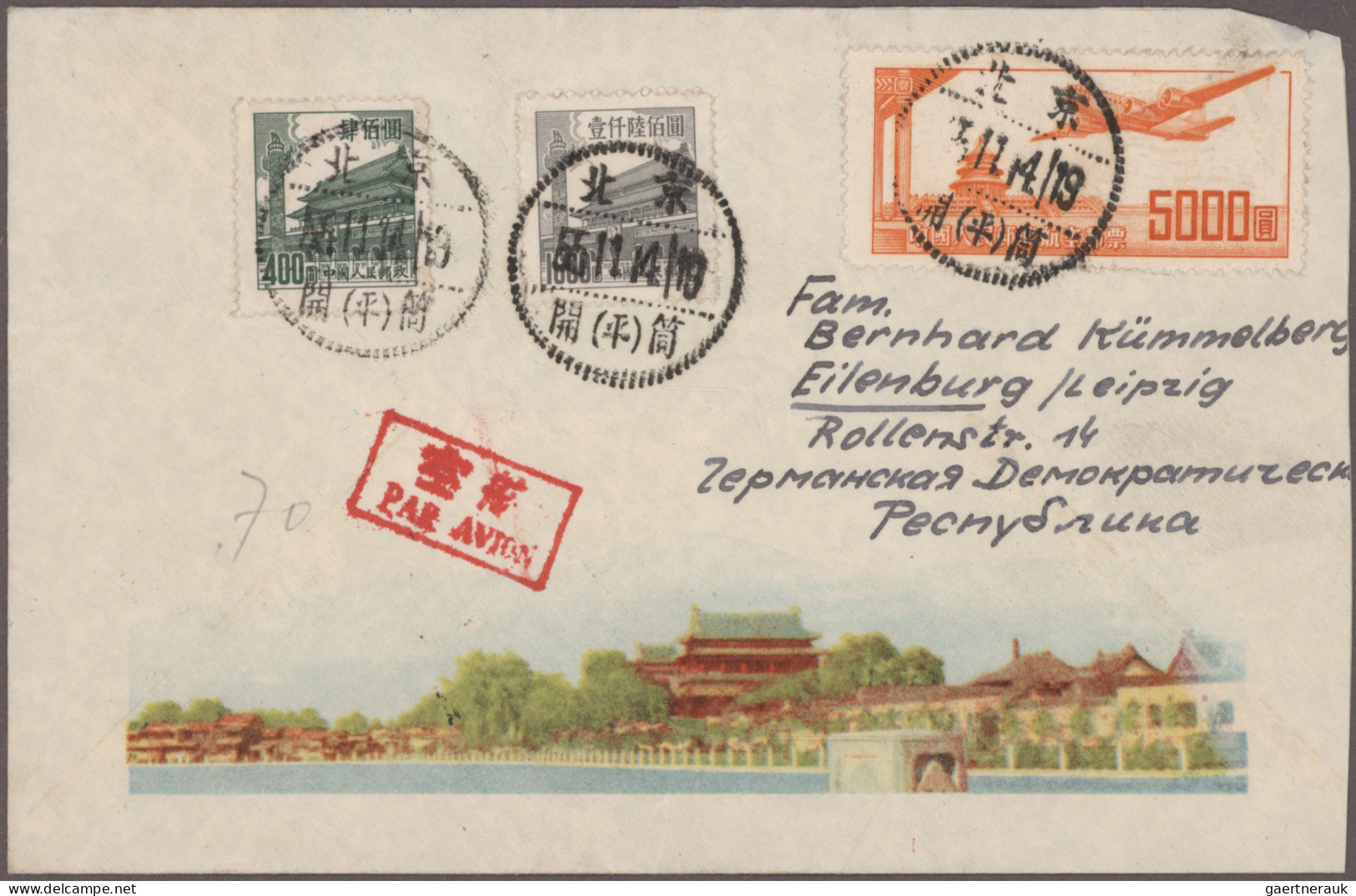 China (PRC): 1951/1957, Illustrated Air Mail Covers Peking-East Germany (7, Plus - Sonstige & Ohne Zuordnung