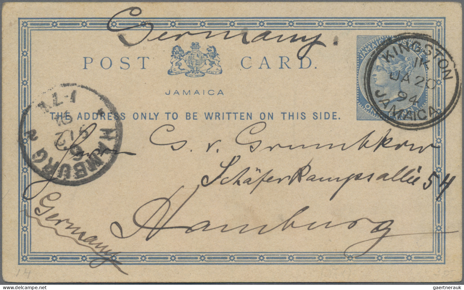 Jamaica: 1877/1904, six commercially used stationery cards with comprehensive me