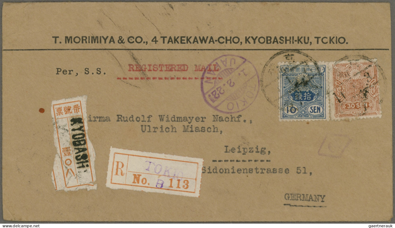 Japan: 1876/1935, part of 1921/22 Morimiya&Co. correspondence to Leipzig/Germany