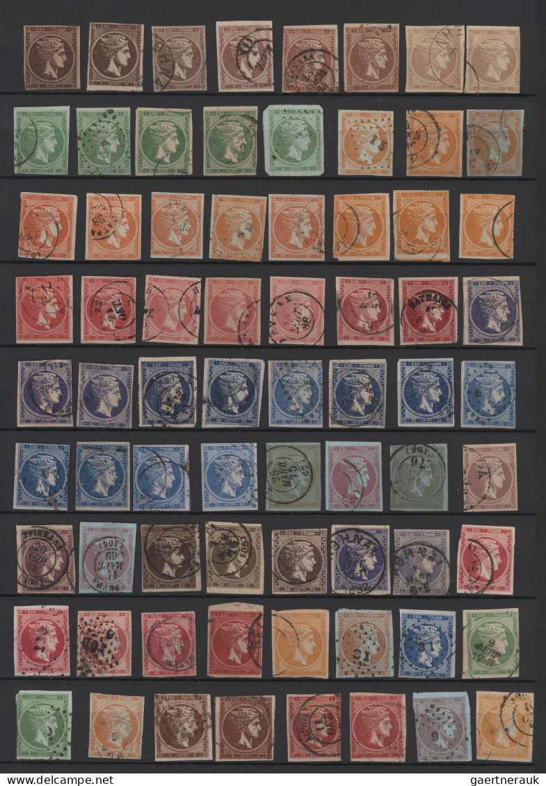 Greece: 1865/1880 (ca.), Large Hermes Heads, Used Assortment Of 72 Stamps, Showi - Used Stamps