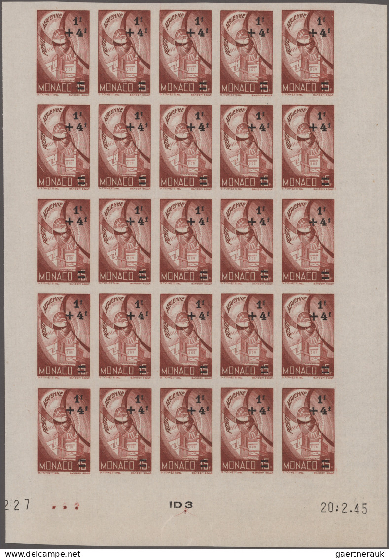 Monaco: 1945, Airmail Surcharges Complete Set Of Five IMPERFORATE Blocks Of 25, - Ungebraucht