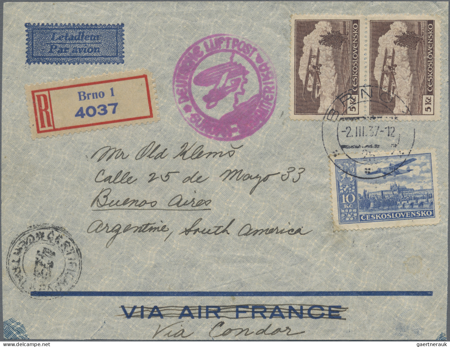 Czechoslowakia: 1926/1938, Air Mail: FFC Prague-Strasbourg; Also Five Commercial - Lettres & Documents