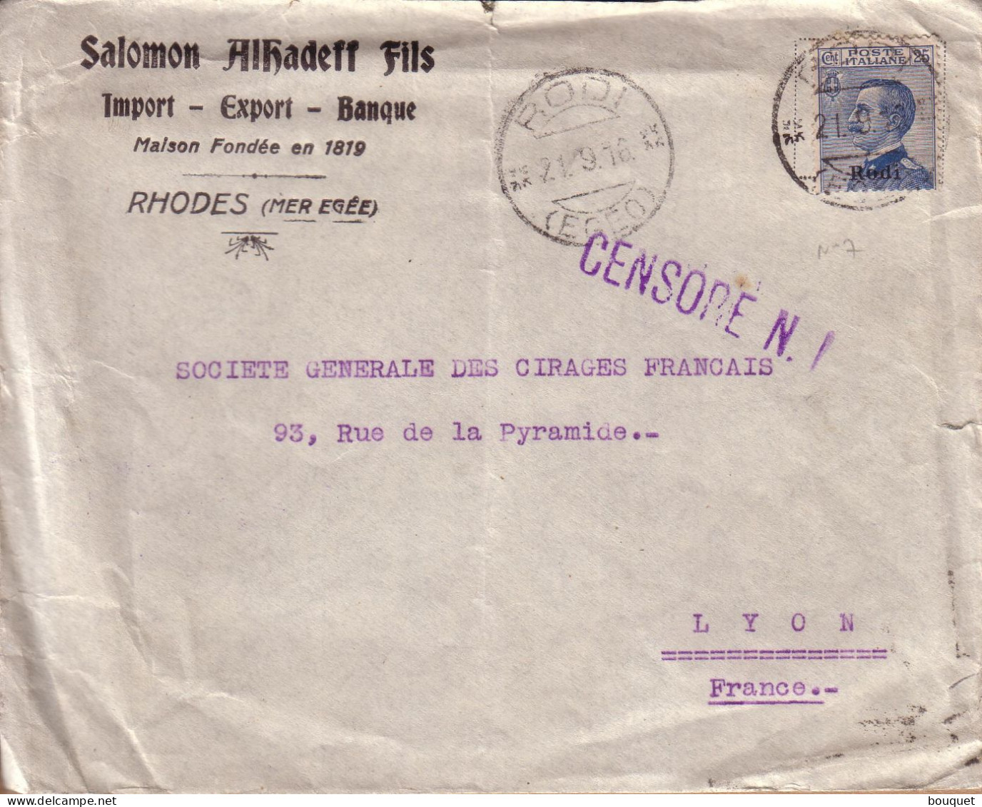 GRECE ITALIE EGEE RHÔNE - LETTRE DE SALOMON ALKHADEFF RHODES RODI POUR LYON , GRIFFE CENSORE CENSURE ITALIENNE 1916 - Egée