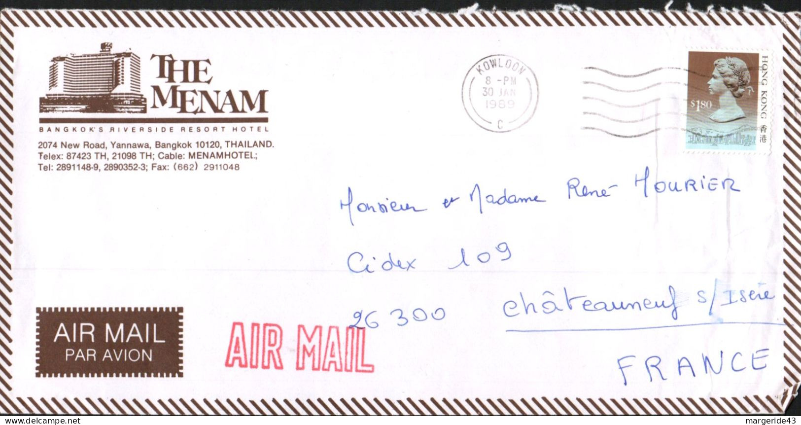 HONG KONG LETTRE A EN TETE D'HOTEL POUR LA FRANCE 1989 - Lettres & Documents