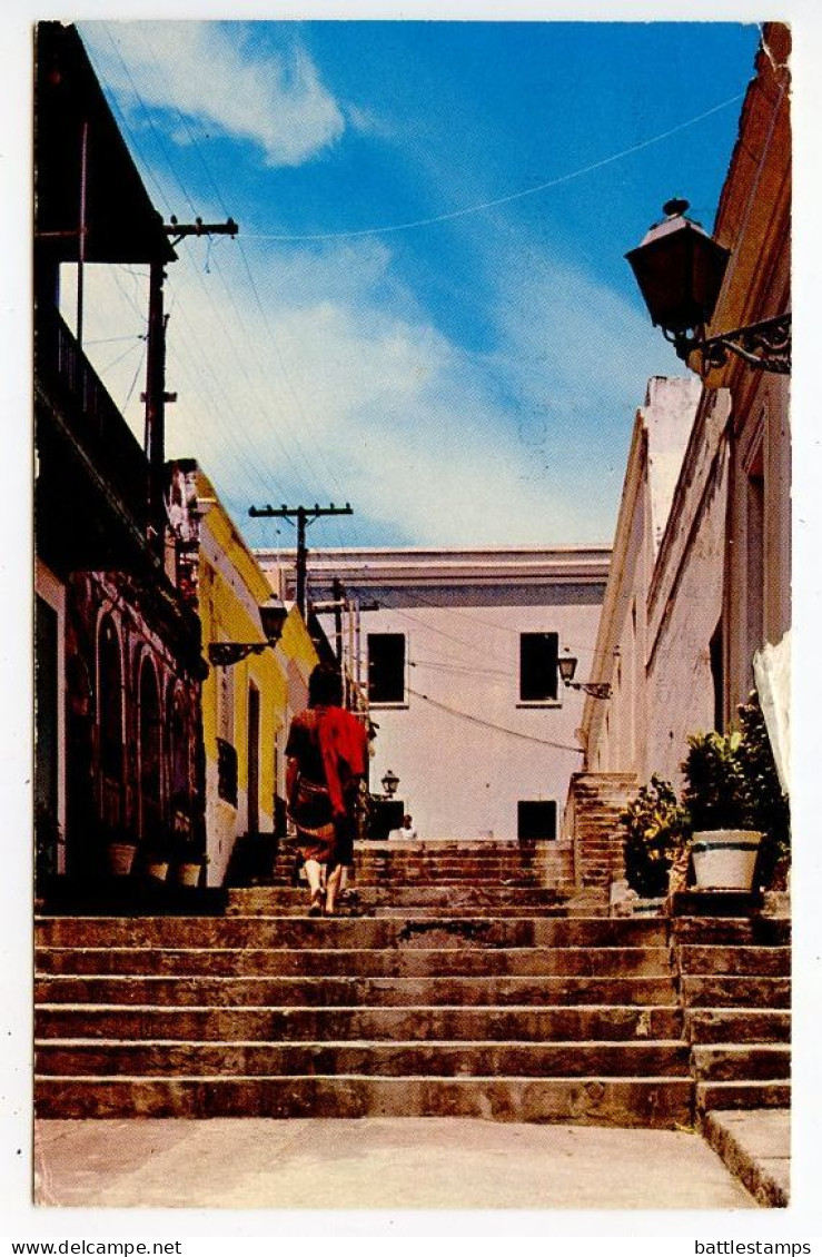 United States 1966 Postcard - San Juan, Puerto Rico - Step Street; To Denmark; Scott 1044A 11c. Liberty - Puerto Rico