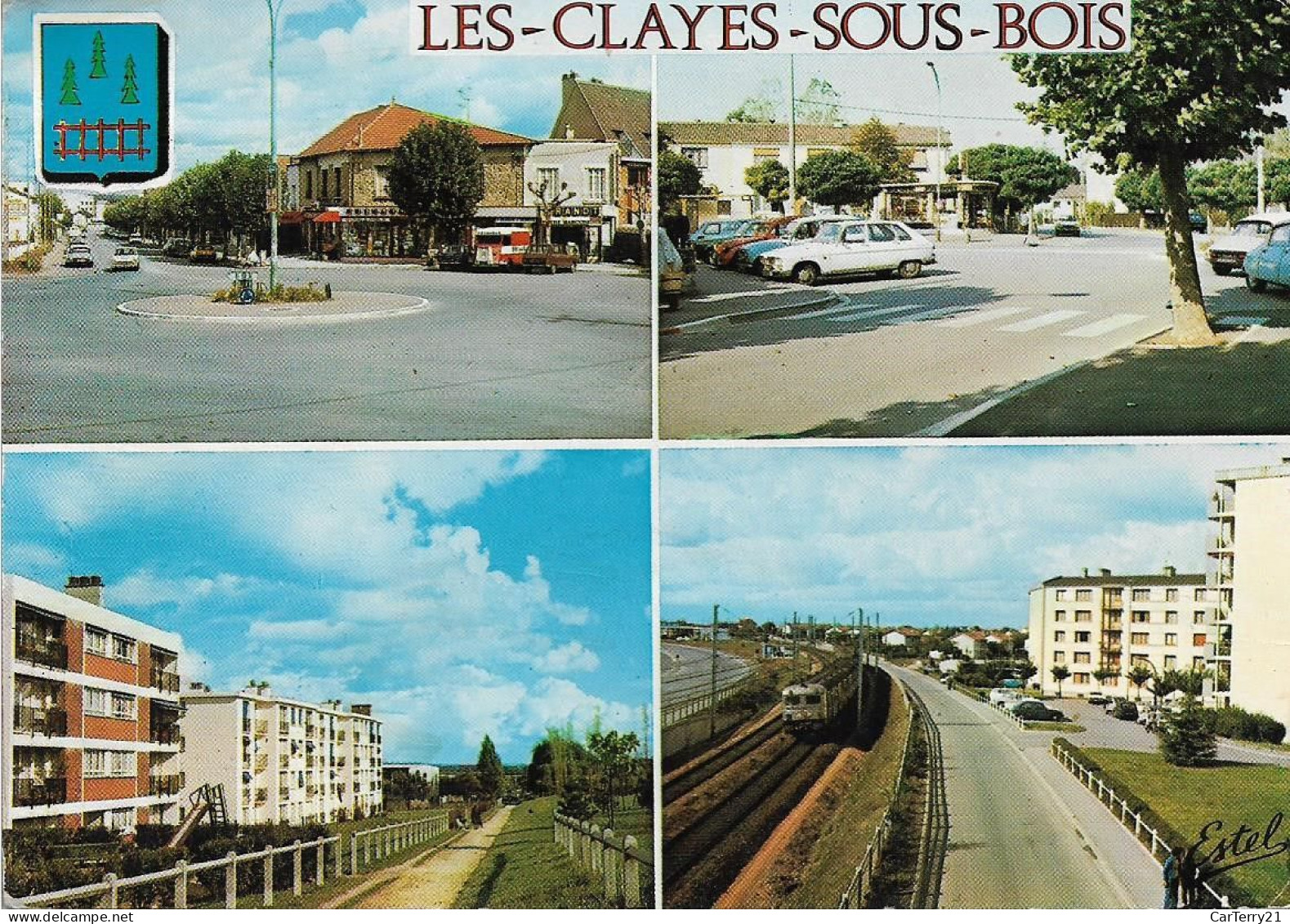 78. LES CLAYES SOUS BOIS. 4 VUES . VOITURES, TUBE, TRAIN, ARMOIRIES. 1976. - Les Clayes Sous Bois