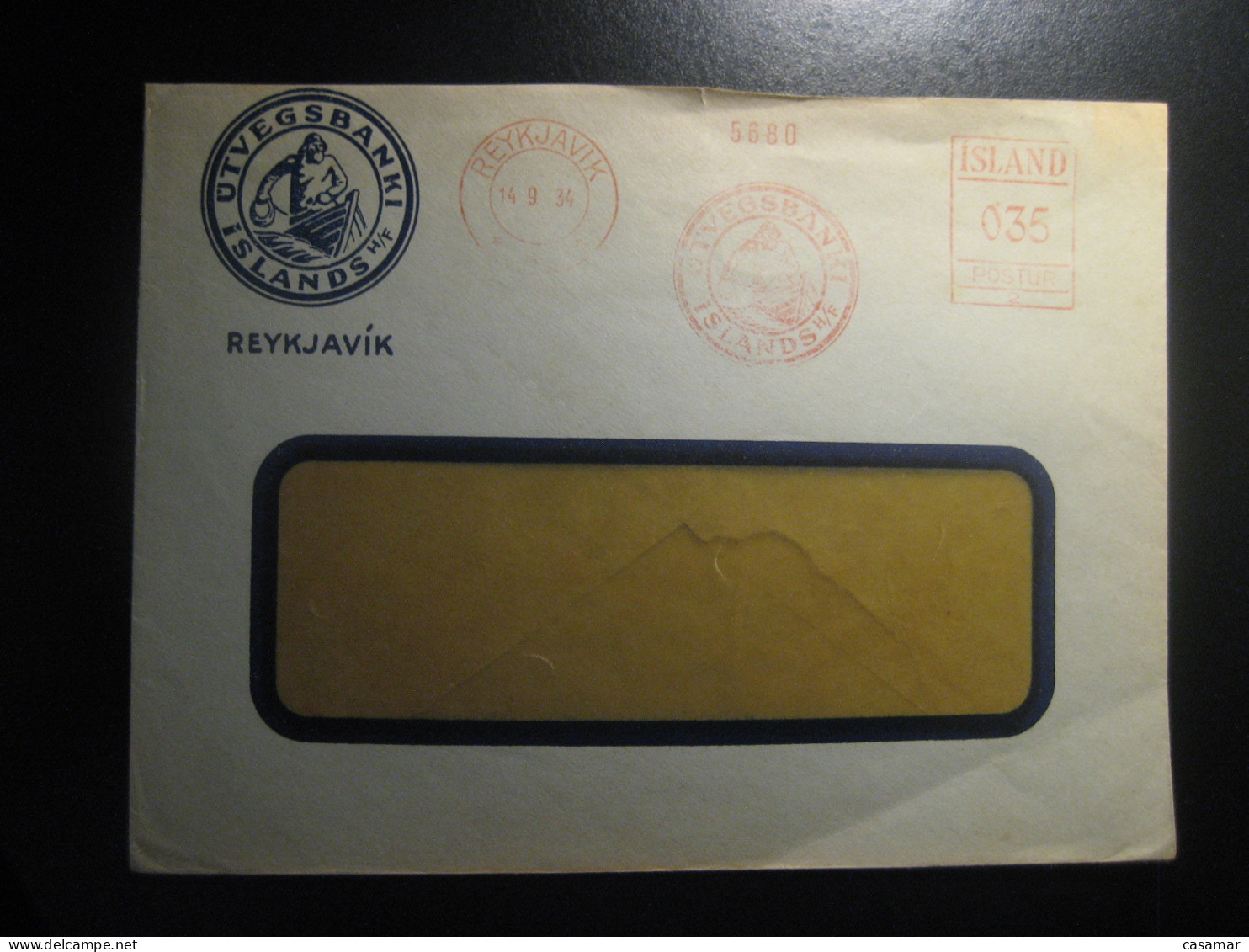 REYKJAVIK 1934 Utvegsbanki Islands H/F Meter Mail Cancel Cover ICELAND - Lettres & Documents