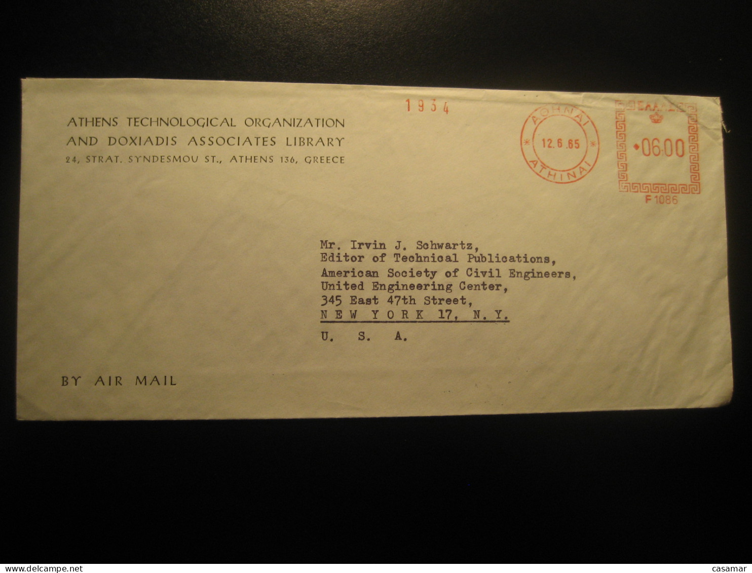 ATHENS 1965 To New York NY USA Technological Org. Doxiadis Associates Library Meter Mail Cancel Cover GREECE - Lettres & Documents
