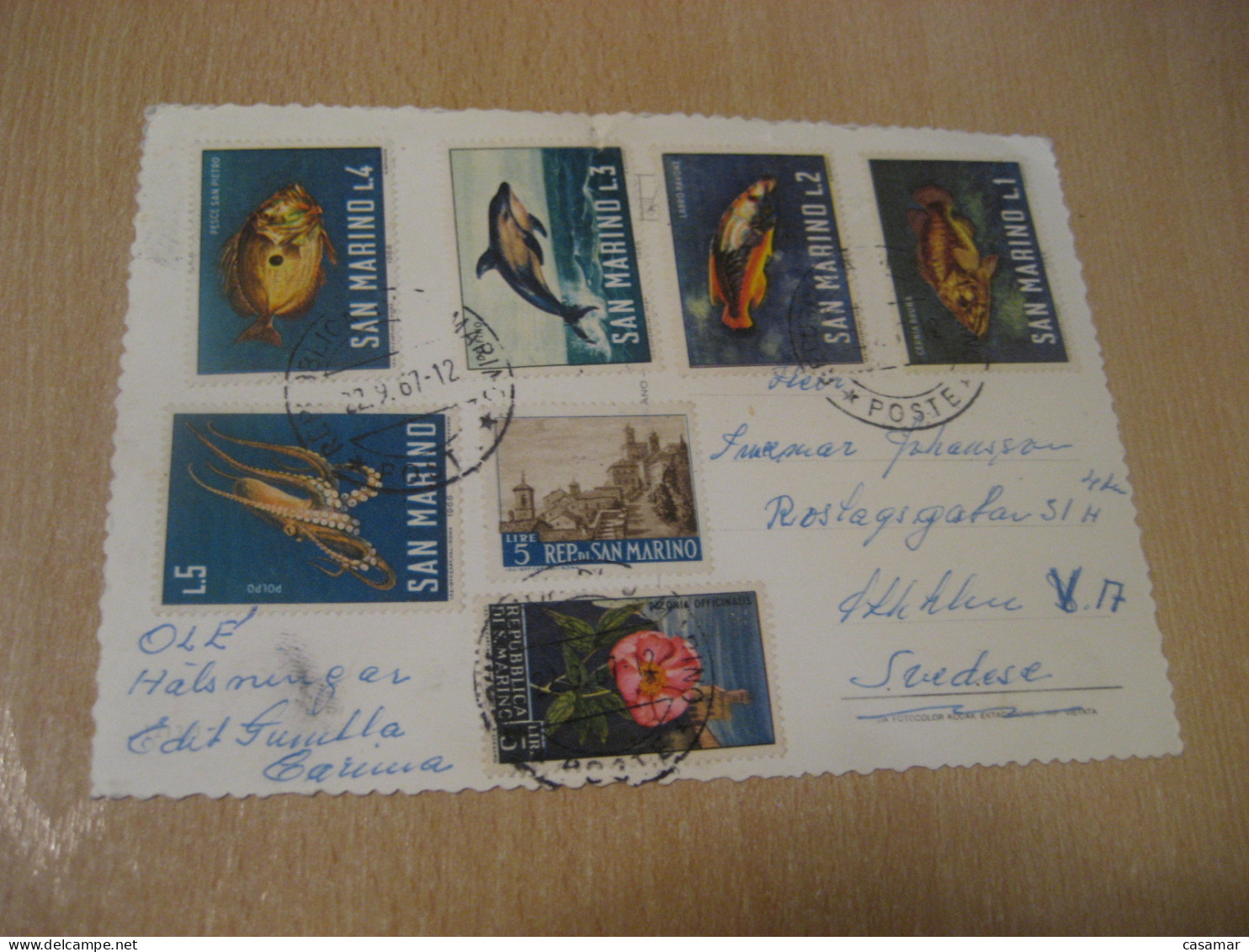 SAN MARINO 1967 To Sweden Fish Fishes Octopus Dolphin ... Stamps On Cancel Slight Damaged Postcard Italy Italia - Briefe U. Dokumente