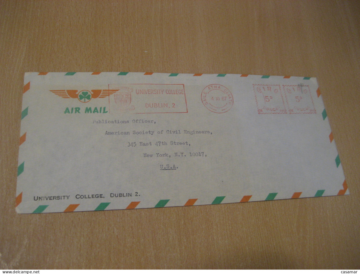 DUBLIN 1967 To New York USA University Trinity College Air Meter Mail Cancel Cover IRELAND Eire - Covers & Documents