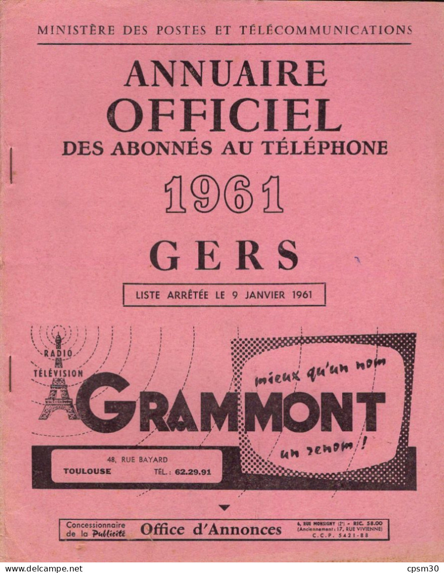 ANNUAIRE - 32 - Département Gers- Année 1961 - Annuaire Officiel Des Postes - 68 Pages - Telephone Directories