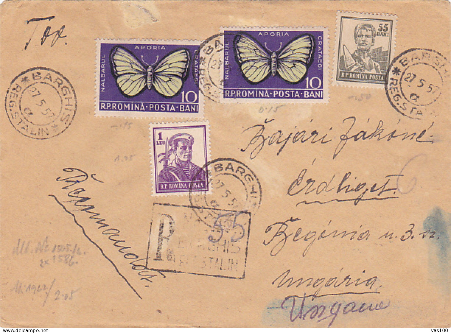 BUTTERFLY, CONSTRUCTIONS WORKER, SAILOR, STAMPS ON REGISTERED COVER, 1957, ROMANIA - Briefe U. Dokumente