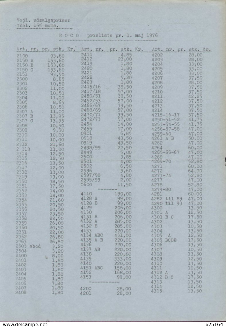 Catalogue ROCO 1976 Prislista 1/5/1976 Danish Kronen ONLY PREISLISTE - En Danois - Ohne Zuordnung