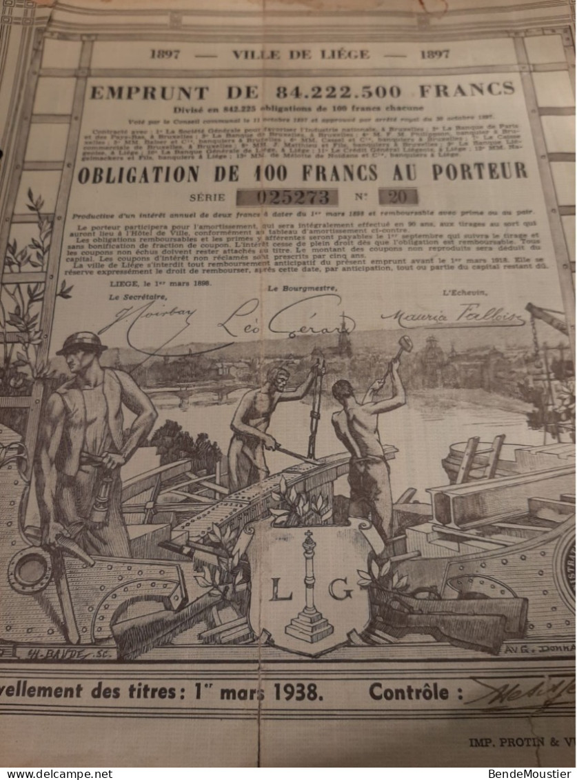 Emprunt De La Ville De Liège 1897 - Obligation De  100 Frs Au Porteur - Liège Le 1er Mars 1898. - Bank & Versicherung