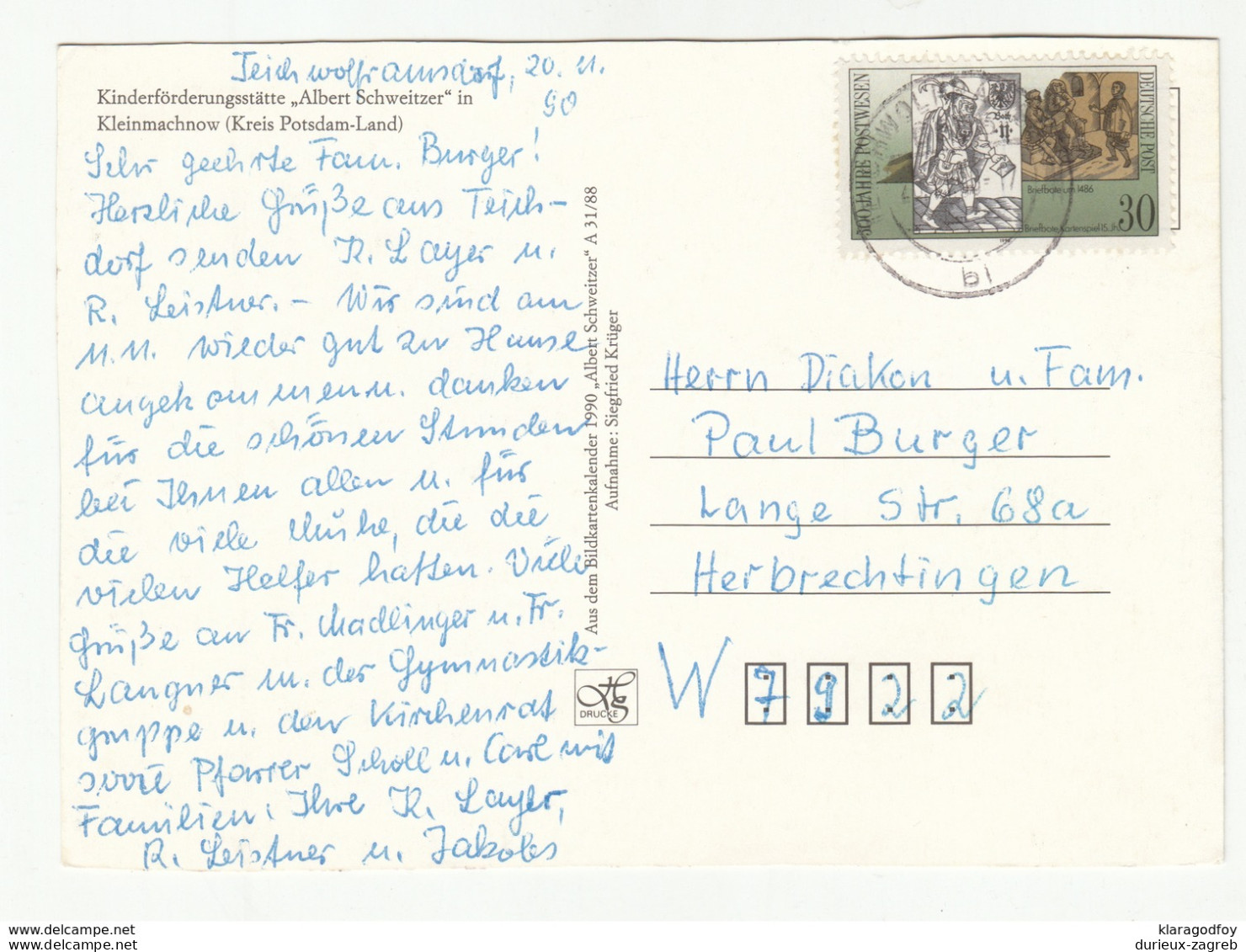 Kinderförderungsstätte "Albert Schweizer" Kleinmachnow Old Postcard Posted 1990 DDR B200510 - Kleinmachnow