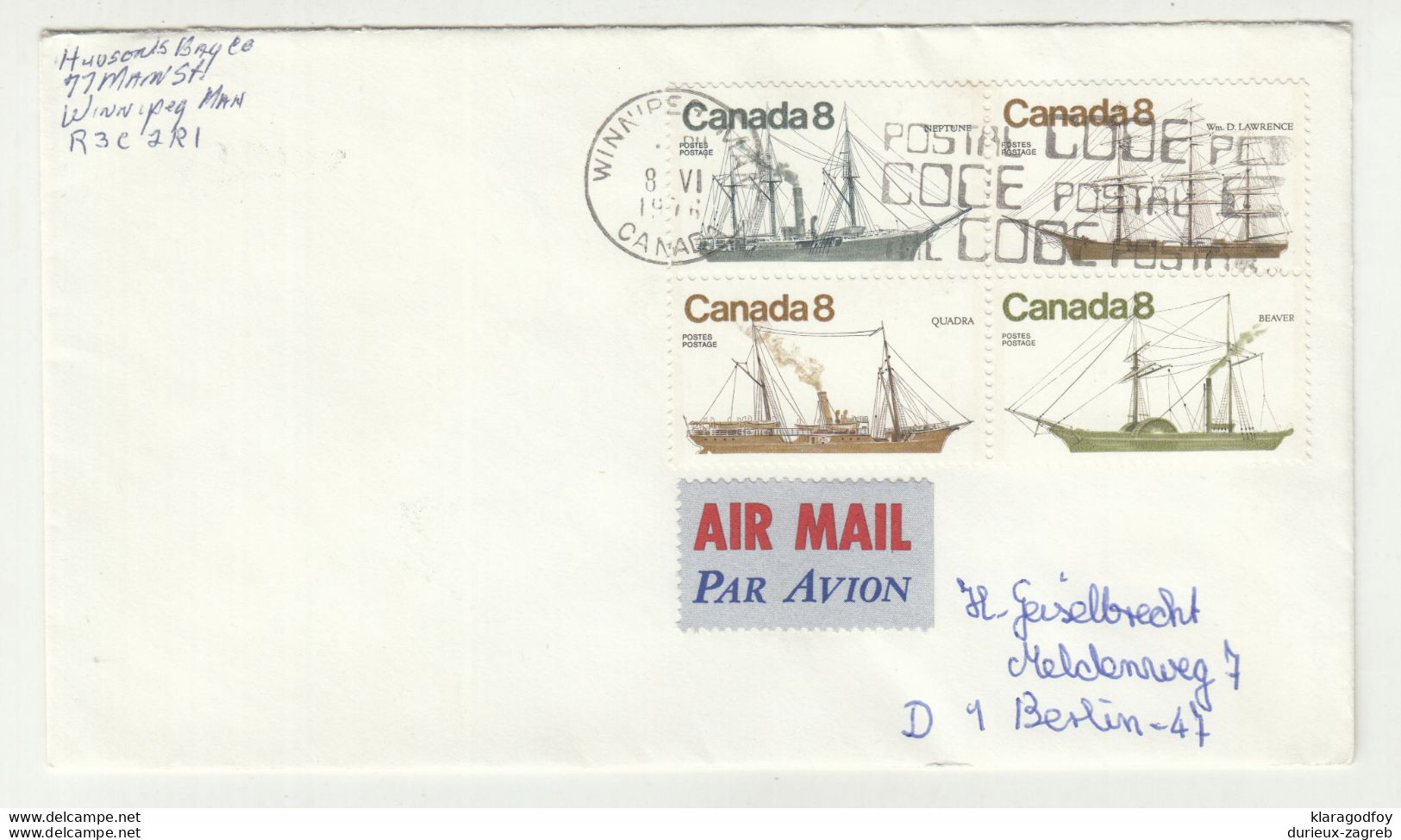 Canada Letter Cover Posted 197? To Germany - Ships Block Of Four B210120 - Otros & Sin Clasificación