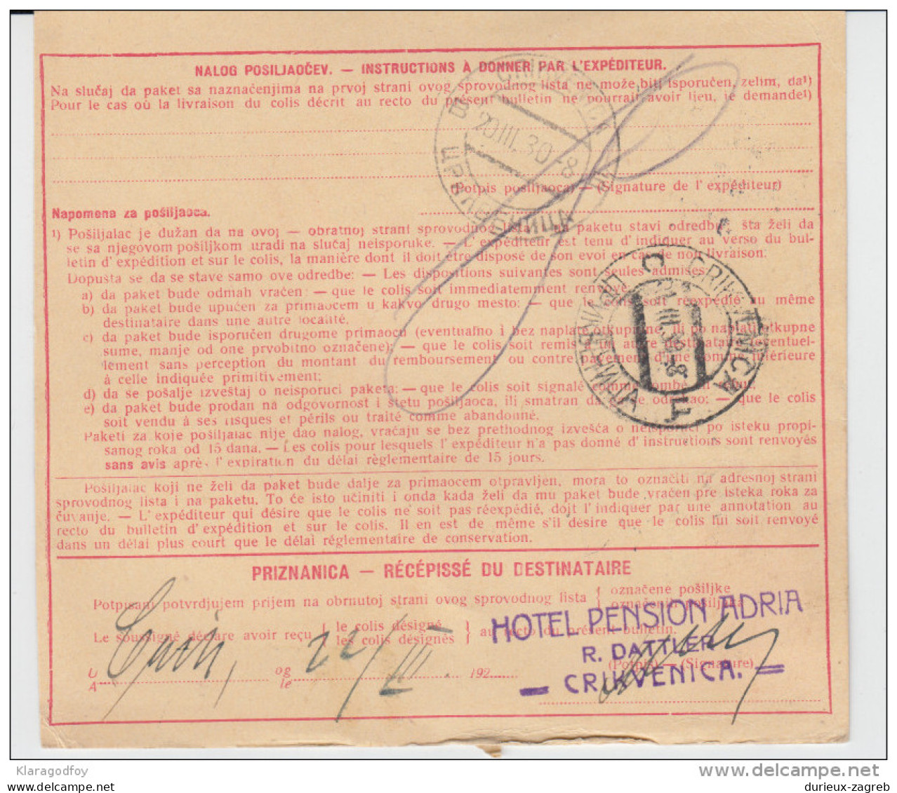 Yugoslavia Kingdom SHS Parcel Card - Sprovodni List 1930 Zagreb To Crikvenica Bb160516 - Altri & Non Classificati