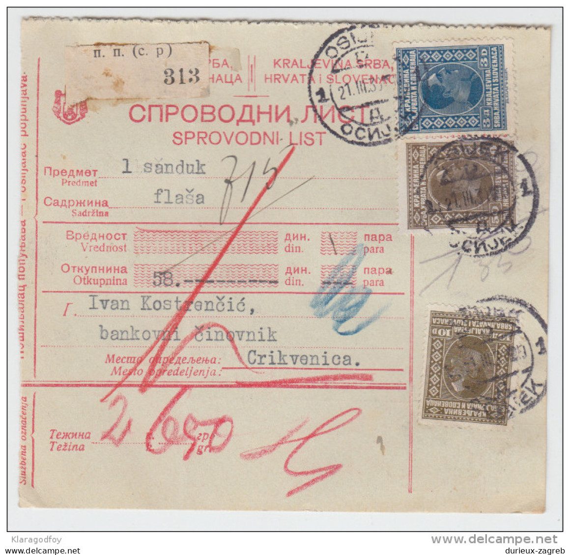 Yugoslavia Kingdom SHS Parcel Card - Sprovodni List 1930 Osijek To Crikvenica Bb160516 - Sonstige & Ohne Zuordnung