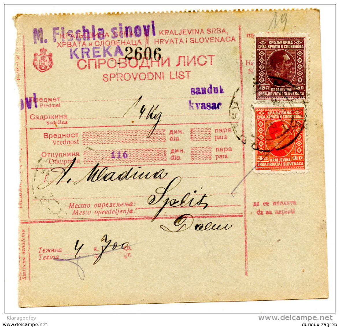 Kingdom SHS 1928 Poštna Spremnica - Parcel Card Kotoriba - Split B151204 - Sonstige & Ohne Zuordnung