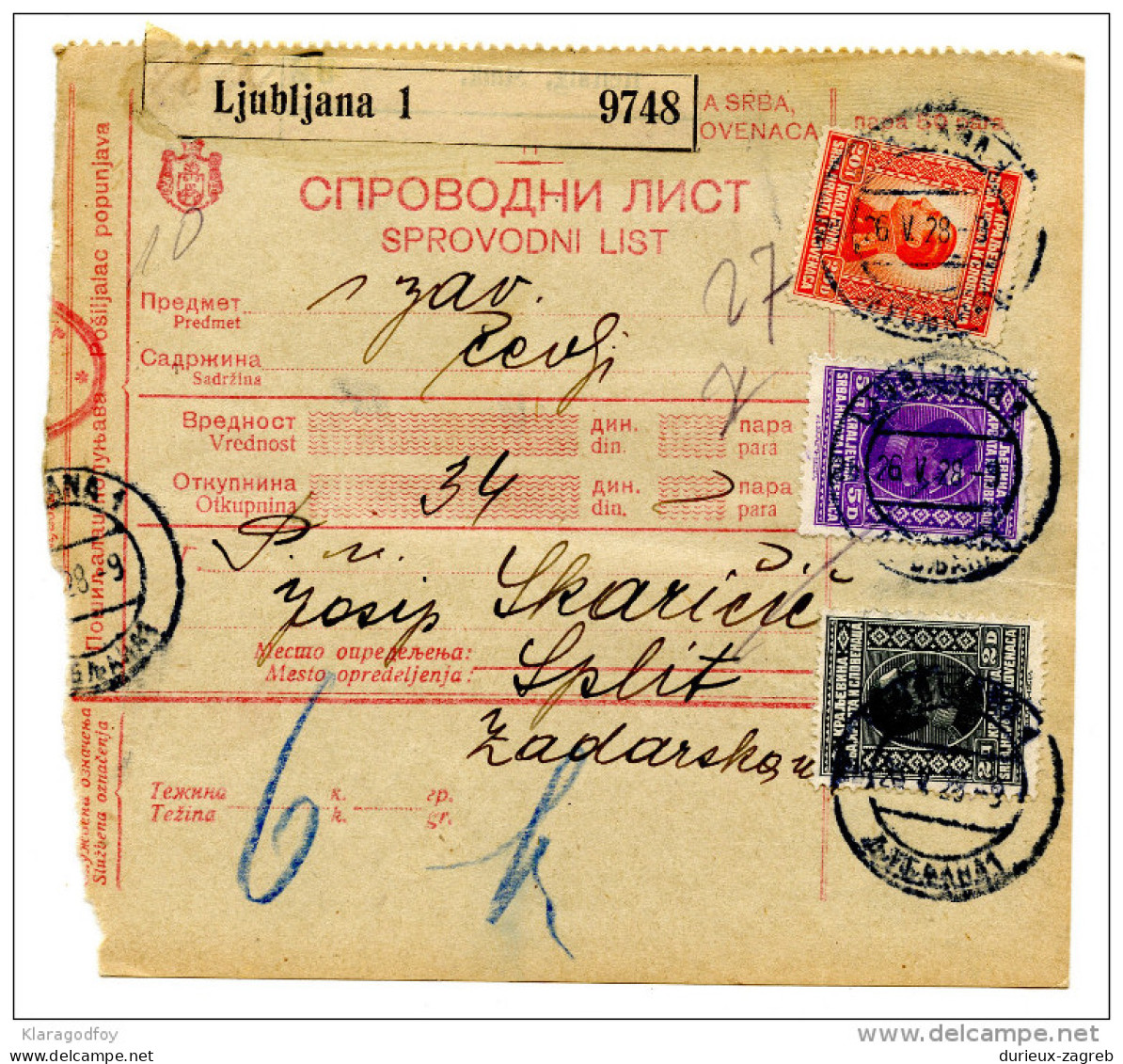 Kingdom SHS 1928 Poštna Spremnica - Parcel Card Ljubljana - Split B151204 - Sonstige & Ohne Zuordnung