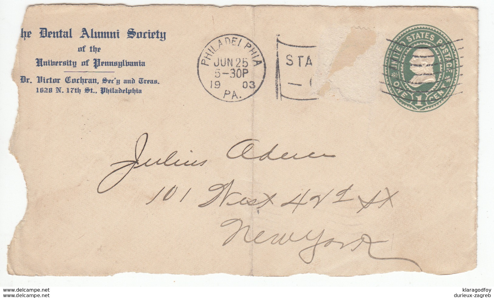 US Postal Stationery Stamped Envelope Only Front Page Travelled 1903 Philadelphia, PA To NY U352 Franklin Bb161110 - 1901-20