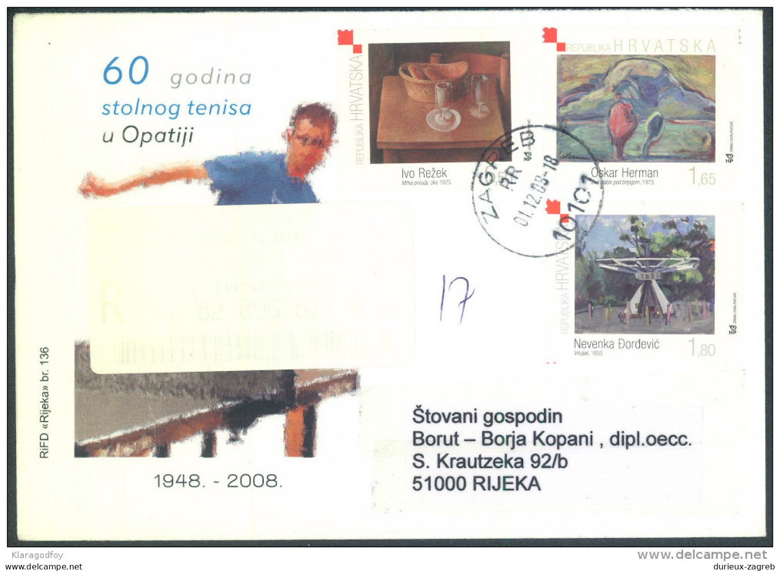 Croatia 60 Years Of Table Tennis In Opatija Special Illustrated Cover Letter And Pmk Registered, Travelled 2008 Bb161028 - Table Tennis