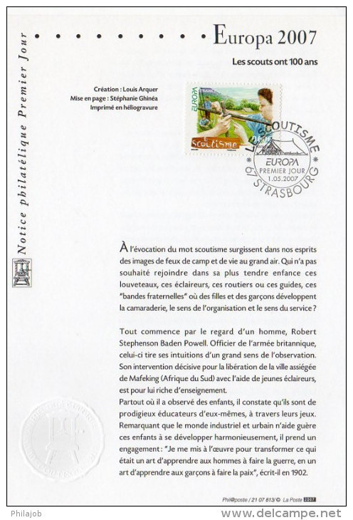 " EUROPA 2007 : 100 ANS DU SCOUTISME " Sur Notice Officielle 1er Jour De 2007. N° YT 4049. Parfait état FDC - Other & Unclassified