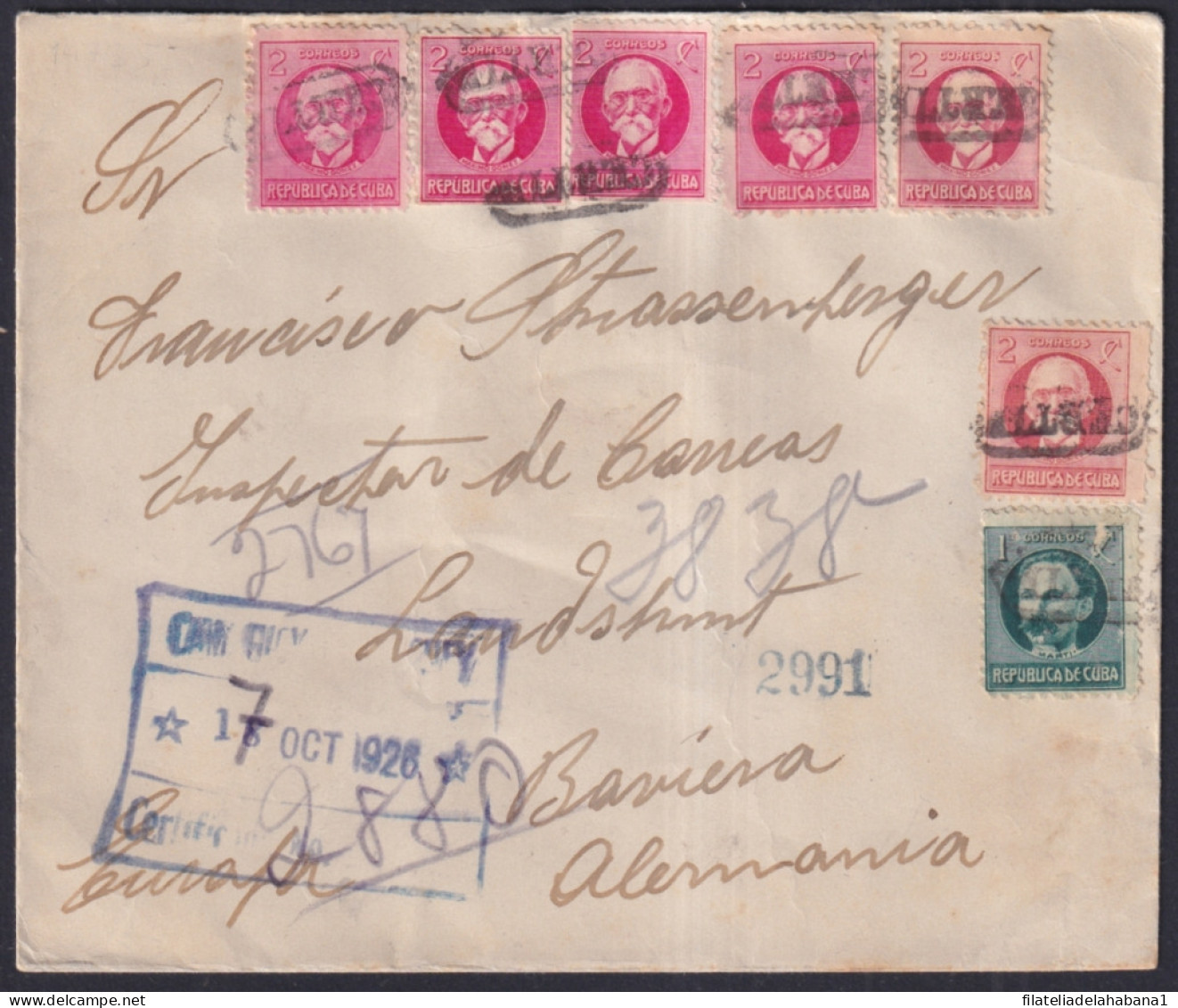 1917-H-427 CUBA REPUBLICA 1917 CERTIF MARK REGISTED COVER CAMAGUEY TO GERMANY.  - Briefe U. Dokumente