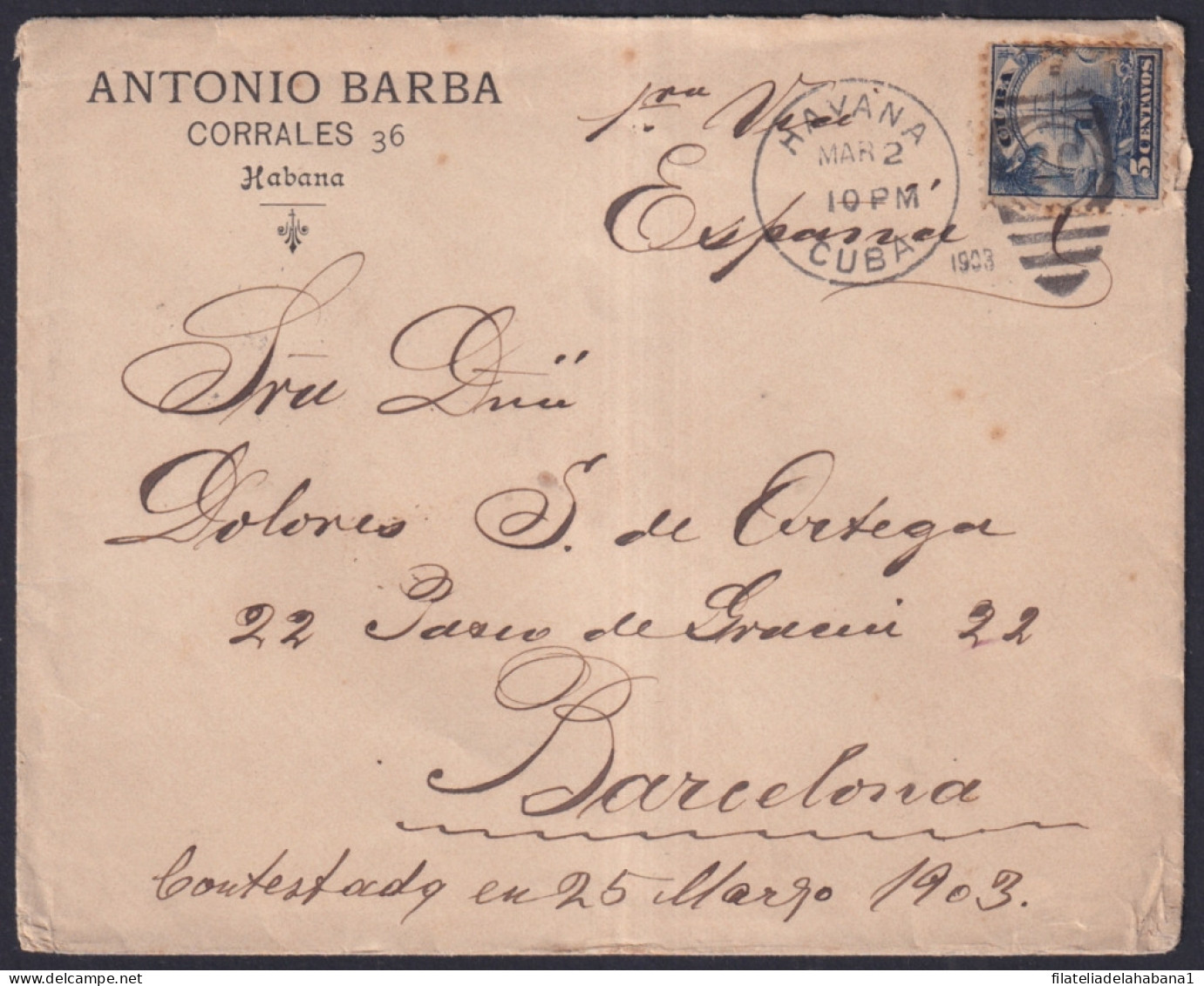 1899-H-274 CUBA US OCCUPATION 1899 5c HAVANA TO BARCELONA ESPAÑA SPAIN.  - Brieven En Documenten