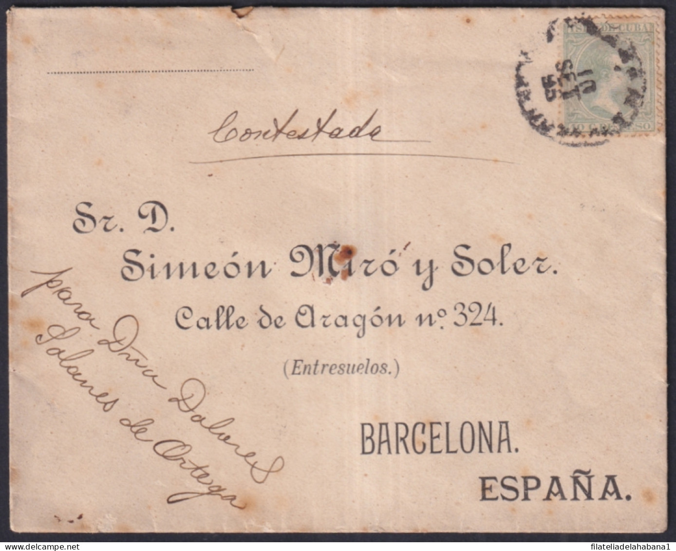 1890-H-12 CUBA SPAIN ALFONSO XIII 1890 10c HAVANA TO BARCELONA.  - Prefilatelia