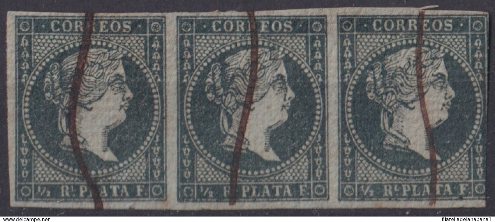 1855-304 CUBA SPAIN ANTILLES PUERTO RICO 1855 ½ R DARK GREEN TRIP “CORRFOS” TRIP 3.  - Vorphilatelie