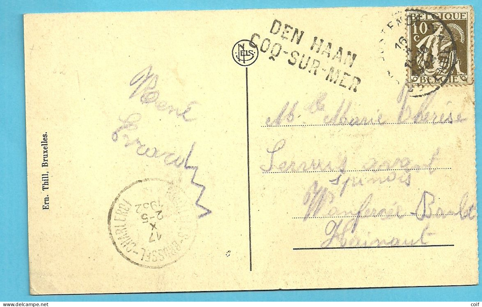 337 Op Kaart Stempel OOSTENDE, Naamstempel DEN HAAN / COQ-SUR-MER Met Treinstempel BRUXELLES-BRUSSEL-CHARLEROI - 1932 Ceres Und Mercure