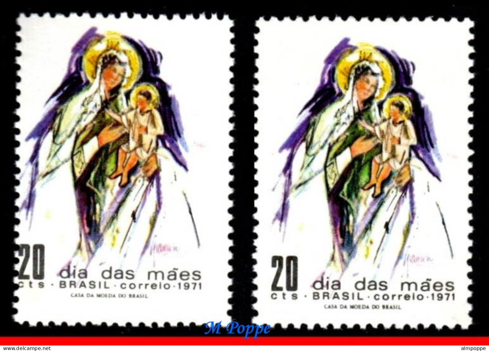 Ref. BR-1187-R BRAZIL 1971 - ** ERROR ** PERFORATION,MADONNA AND CHILD, MI# 1281, MNH, MOTHER'S DAY 2V Sc# 1187 - Fehldrucke