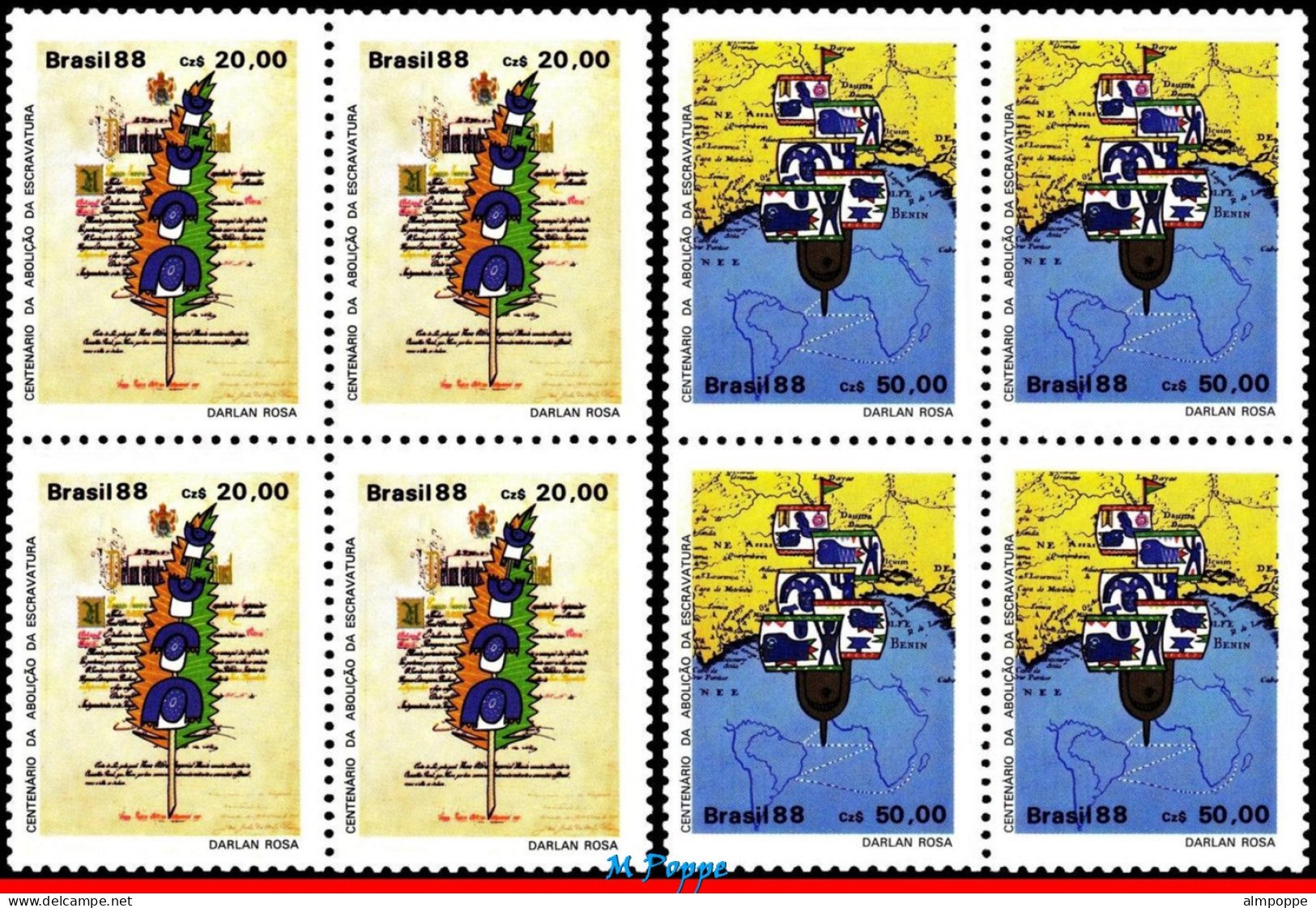 Ref. BR-2132-33-Q BRAZIL 1988 - ABOLITION OF SLAVERY,ANTI RACISM, MI# 2250-51, BLOCKS MNH, HISTORY 8V Sc# 2132-2133 - Blocchi & Foglietti