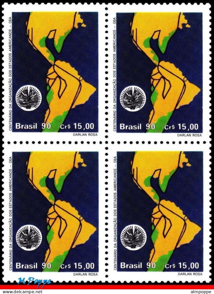 Ref. BR-2294-Q BRAZIL 1990 - ORGANIZATION OF AMERICANSTATES, OAS, OEA, MI# 2392, BLOCK MNH, MAPS 4V Sc# 2294