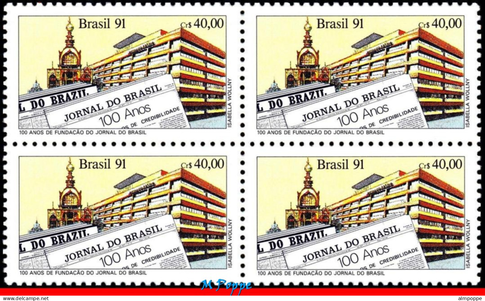 Ref. BR-2314-Q BRAZIL 1991 - JOURNAL OF BRAZIL,CENT., MI# 2410, BLOCK MNH, NEWSPAPERS, JOURNALISM 4V Sc# 2314 - Blocs-feuillets
